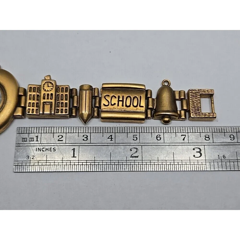 Teacher Apple Bracelet Watch Schoolhouse Charm Gold Tone Quartz New Battery Cute